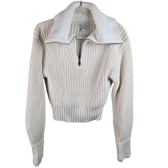 Athleta Cream Knit Half Zip Adler Cropped Pullover Sweater Chunky Collar Size S - Picture 1 of 10